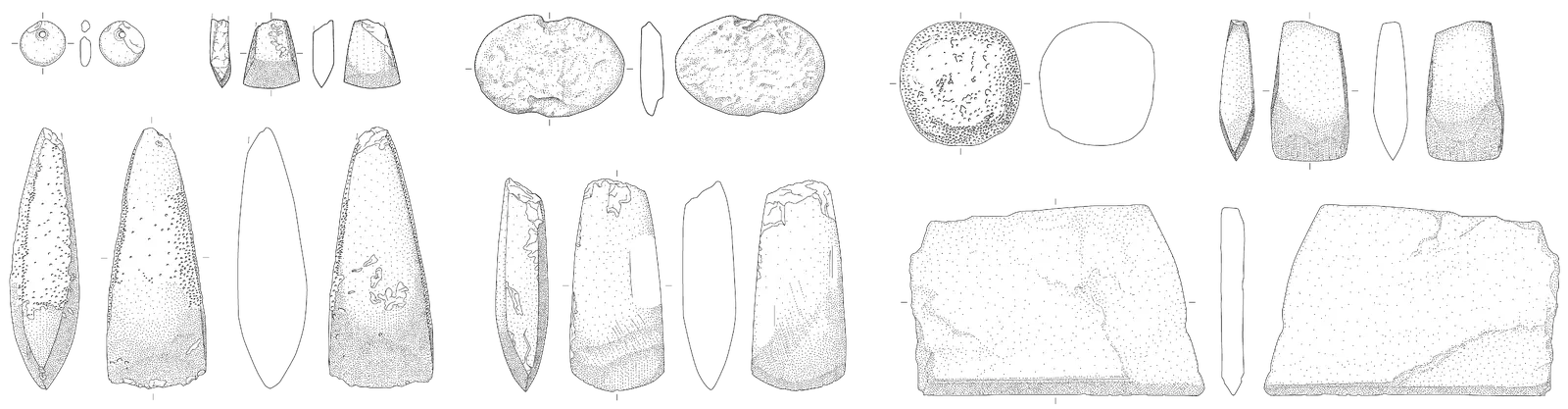 Archäologische und wissenschaftliche Fundzeichnungen von verschiedenen Steingeräten