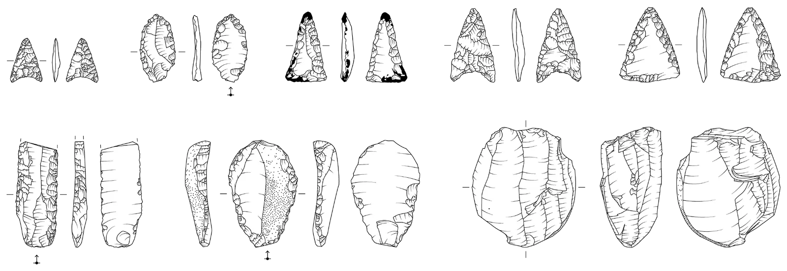 Archäologische und wissenschaftliche Fundzeichnungen diverser Silexklingen