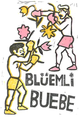 Linoldruck von zwei Boxern mit Blumen in den Boxhandschuhen und der Aufschrift Blüemli Buebe