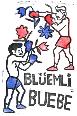 Linoldruck von zwei Boxern mit Blumen in den Boxhandschuhen und der Aufschrift Blüemli Buebe