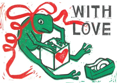 Weihnachtskarte und Linoldruck eines Froschs der ein Geschenk einpackt mit der Aufschrift With Love