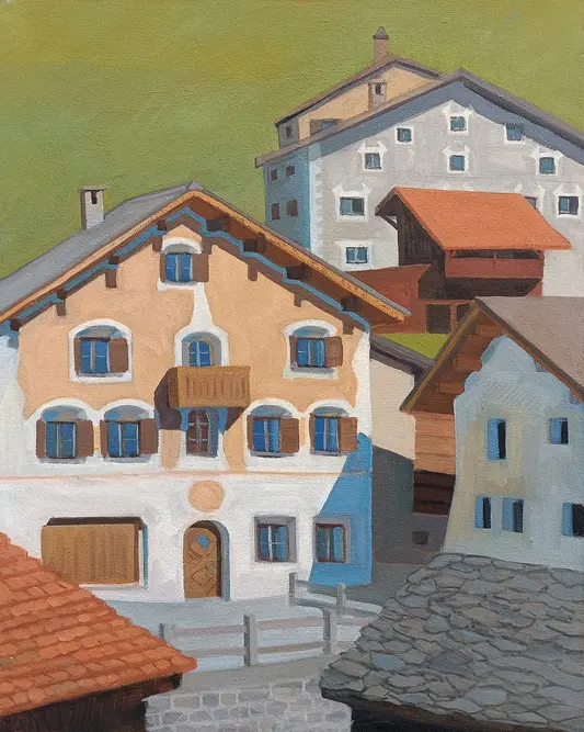 Ölgemälde mehrerer Häuser eines schweizer Bergdorfs