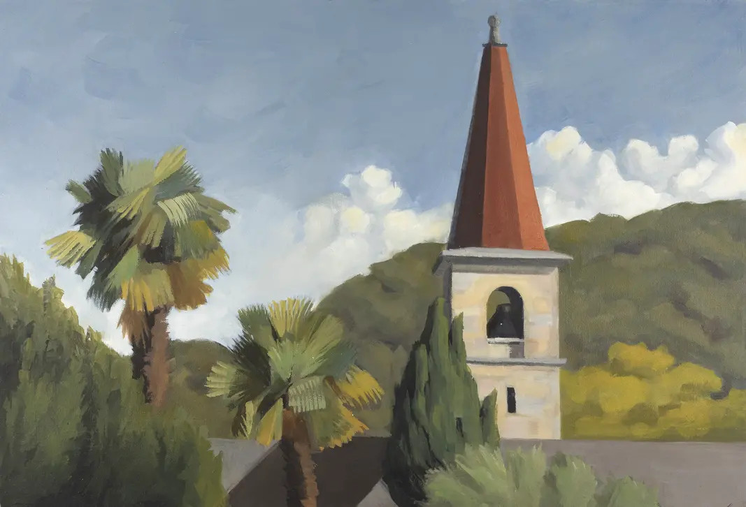 ölgemälde einer Kirche mit Palmen im Tessin, Schweiz