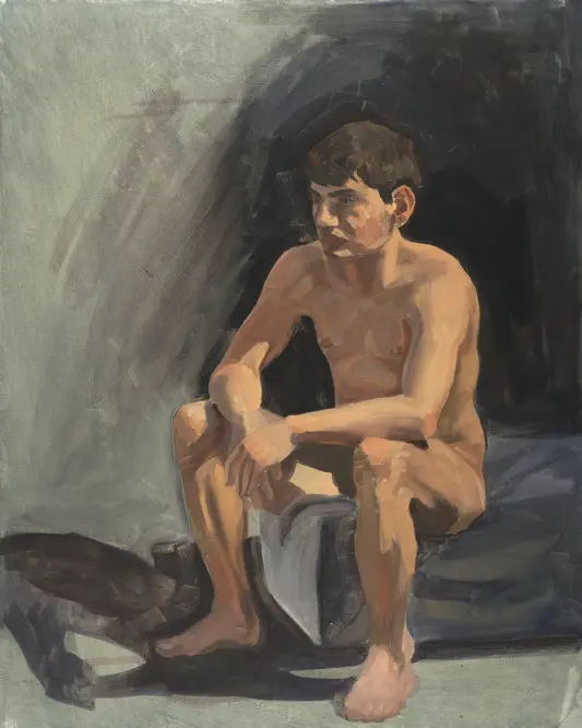 Aktstudie eines sitzenden jungen Mannes gemalt mit Ölfarbe