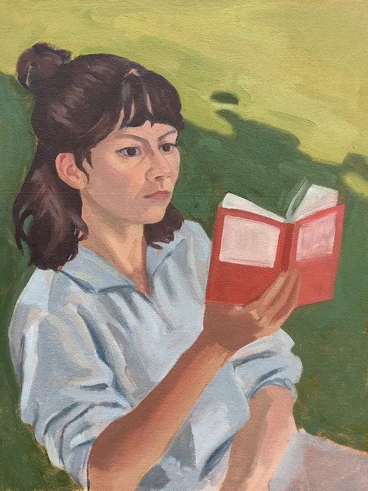 Portrait Ölmalerei einer jungen Frau mit einer halbsonnigen Wiese im Hintergurund