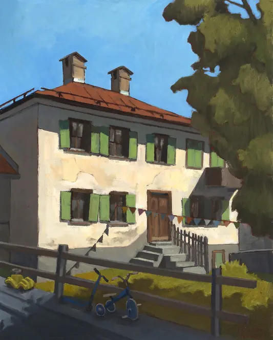 realistisches ölgemälde eines Haus in einem schweizer Bergdorf in Graubünden