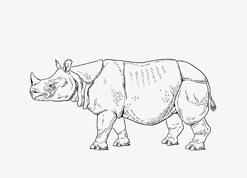 Wissenschaftliche Typusillustration eines Java-Nashorns für eine Infotafel des Zoo Basels