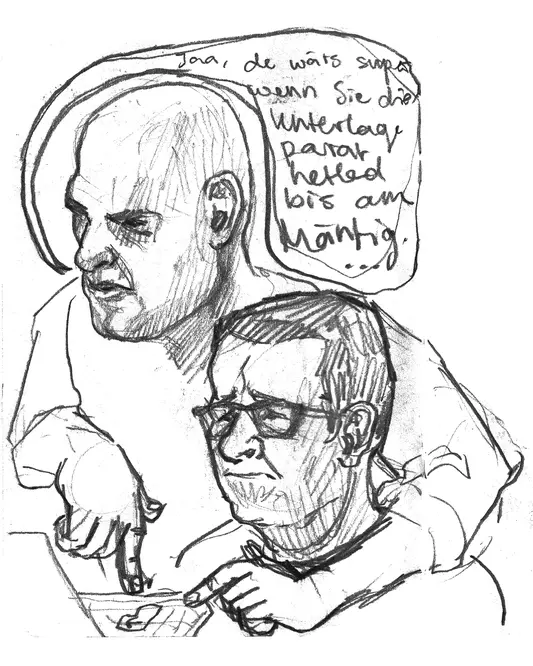 Bleistiftskizze von zwei Menschen im Zug von Zug nach Luzern