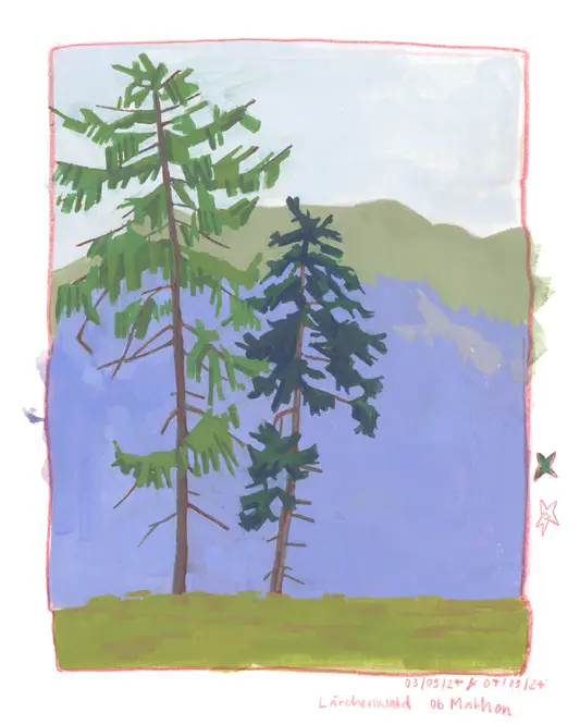 Gouache Zeichnung von zwei Tannen mit einem schweizer Berg im Hintergrund
