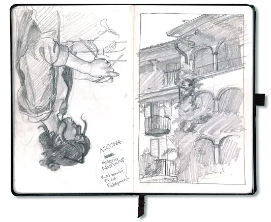 Skizzenbuchseiten mit Bleistiftzeichnungen einer strickenden Frau und eines Hauses im Tessin, Schweiz