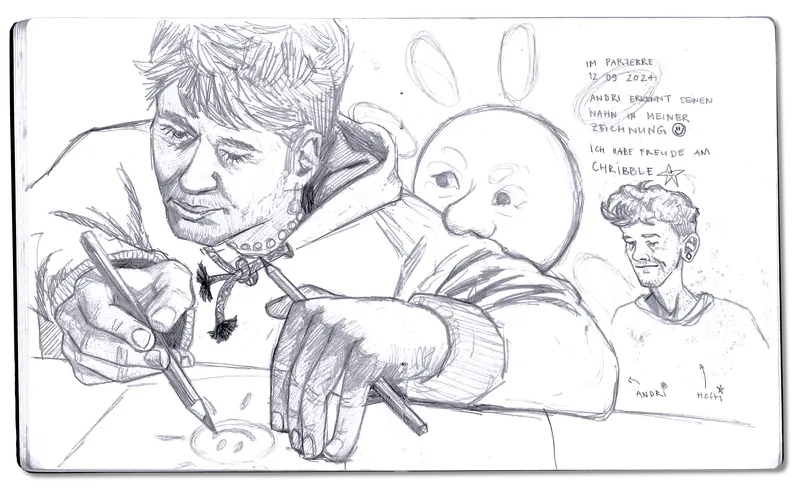 Skizzenbuchseiten mit Bleistiftzeichnung eines zeichnenden Mannes und einer Sonne