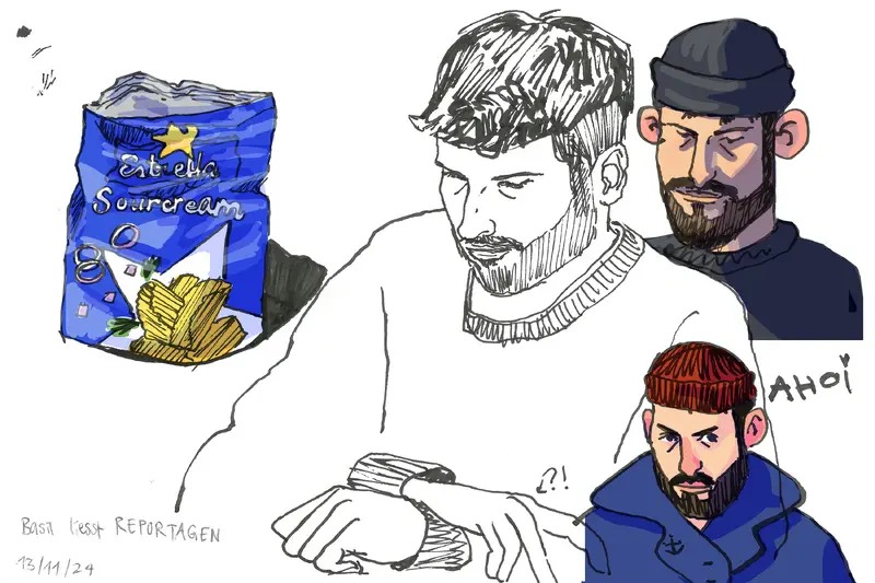 Mixed Media Illustration eines Mannes und einer Tüte Chips digitale Illustration und Tusche Zeichnung