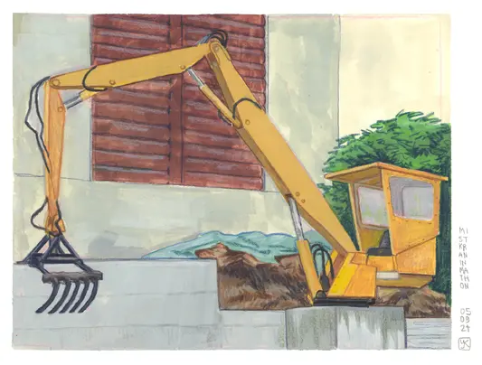 Gouache und Farbstift Studie eines Mistkrans in einem Bergdorf in Graubünden, Schweiz