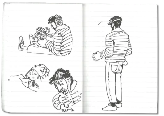 Skizzenbuchseiten gefüllt mit Tuschezeichnungen