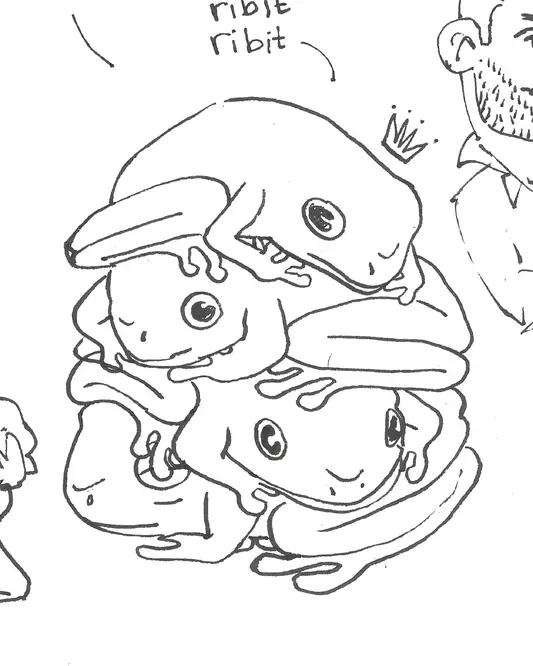 Tusche Skizze von vier aufeinandergestapelten Fröschen